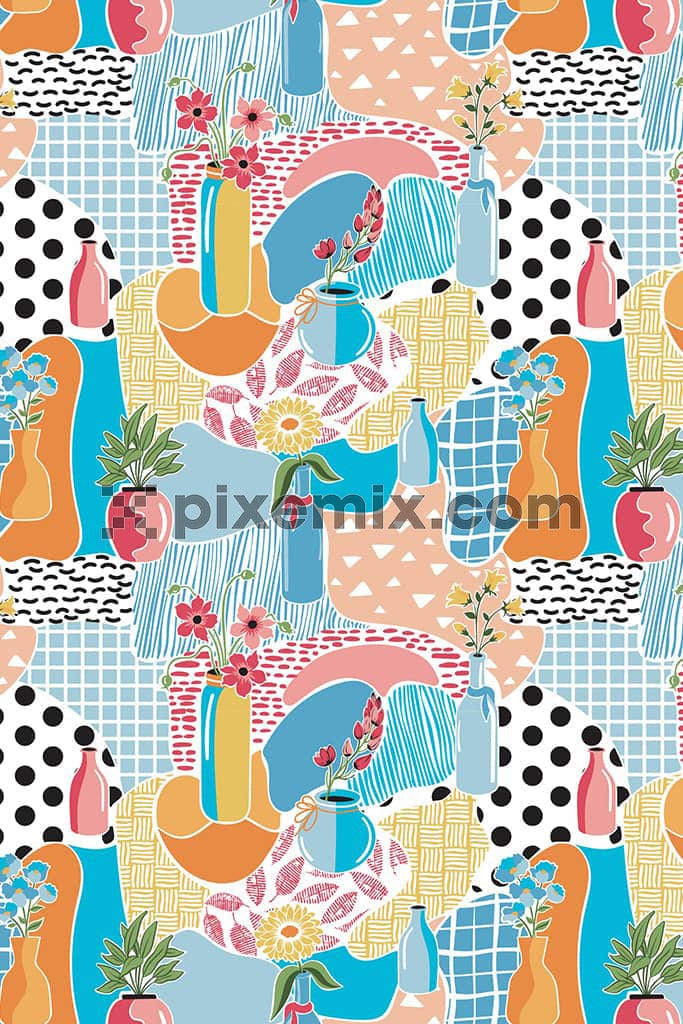A hand curated illustration featuring home decor along with prints in a seamless repeating pattern