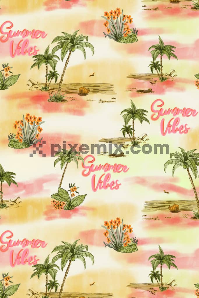 A hand made illustration of summer vibes featuring summer elements in a seamless repeating pattern