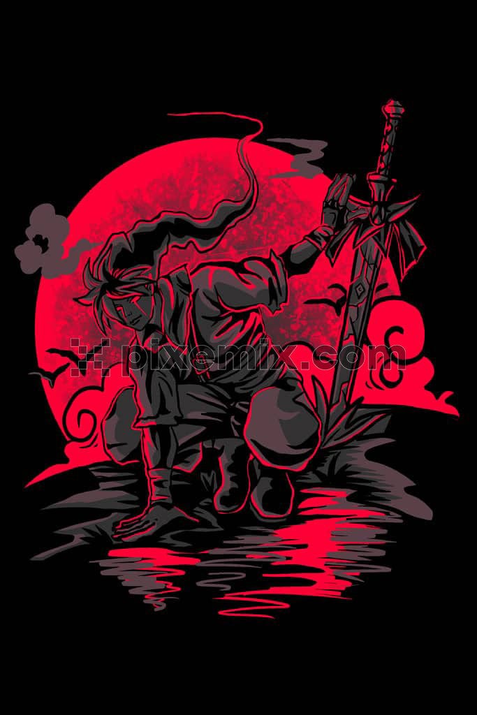 A hand made product graphic featuring a samurai with a sword in red and black colours