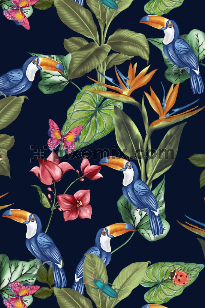 A hand made illustration featuring tropical birds and plants in a seamless repeating pattern