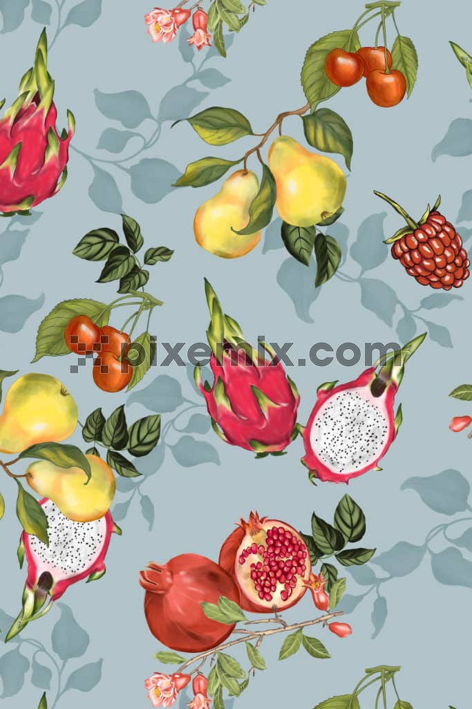 A hand drawn illustration featuring exotic fruits and leaves in a light background with a seamless repeating pattern