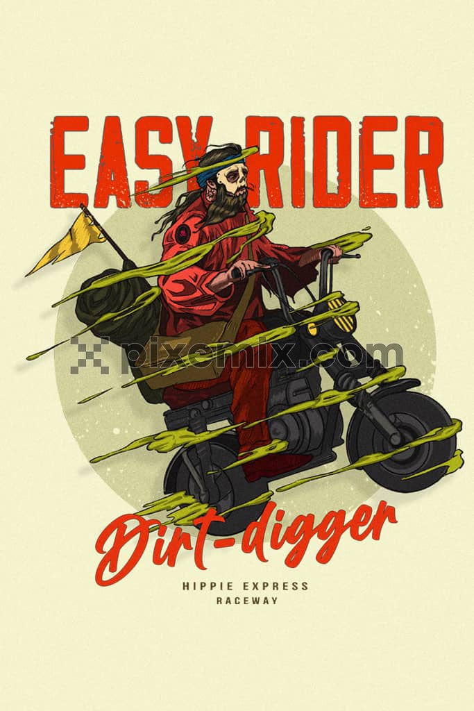 A hand drawn product graphic featuring a rider riding along with typography and texture