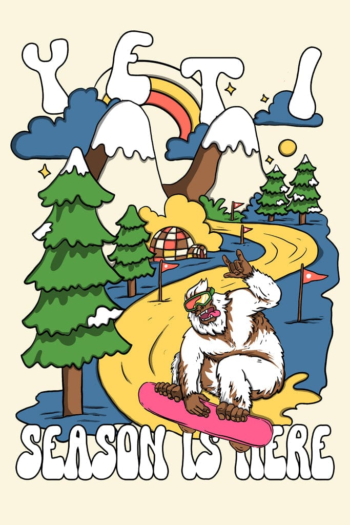 A hand drawn product graphic featuring skater Yeti illustration with mountain view product graphics.