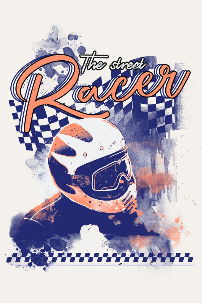 A hand drawn product graphic featuring cool racer themed inspired digital biker with flag details in watercolour effect.