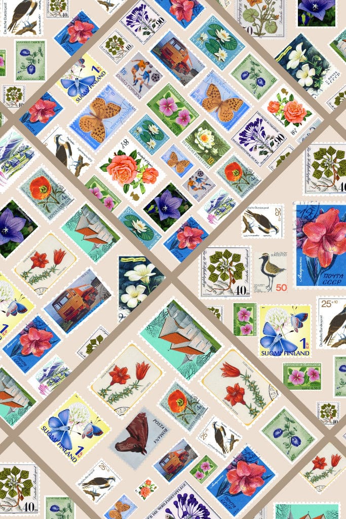 A post card stamp collage featuring flowers, birds and animals with mix and match pattern.