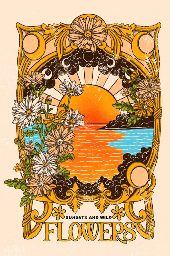 A hand drawn illustration inspired by sunset and wildflowers details in vintage art style product graphic.