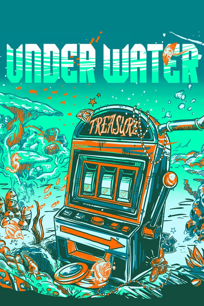 A handrawn illustration of underwater jackpot machine in turquise colour product graphic.