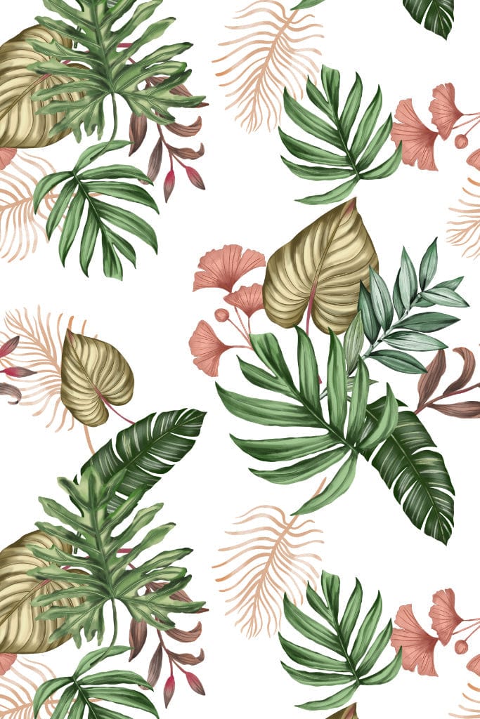 A hand made illustration featuring Digital tropical florals and leaves product graphics with seamless repeat pattern.