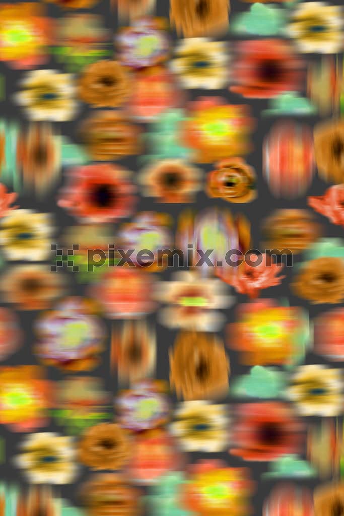Digital ikat floral product graphic with seamless repeat pattern