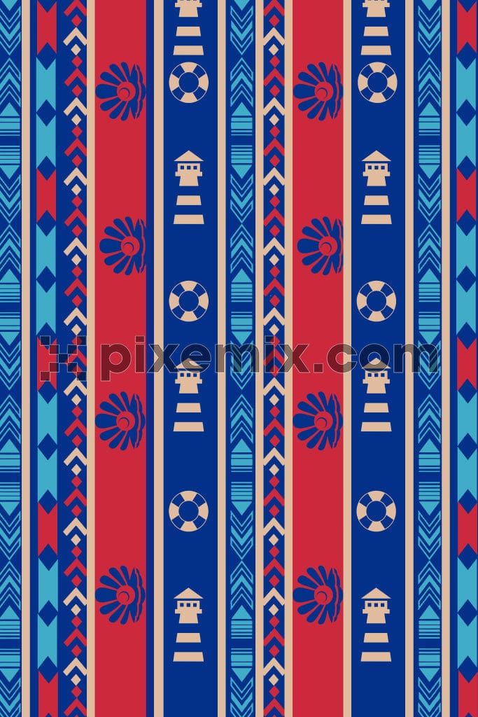 A red, blue, and tan colored tribal stripe with abstract shapes product graphic.