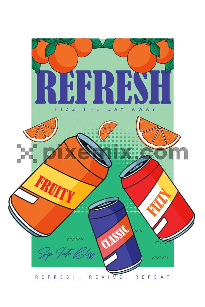 Three colorful aluminum soda cans with orange slices rest on a light green background vector product graphic.
