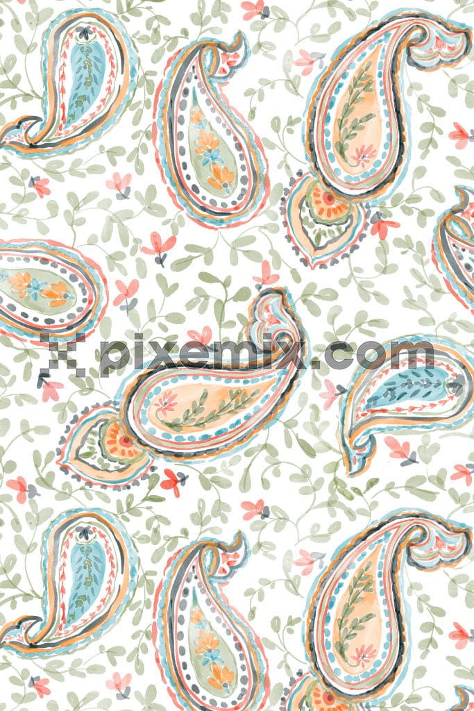 A seamless pattern of watercolor paisley art and leaves product graphic with seamless repeat pattern.