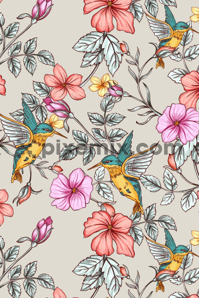 A pattern of tiny hummingbird with iridescent feathers perches on a thin branch next to a cluster of pink flowers.