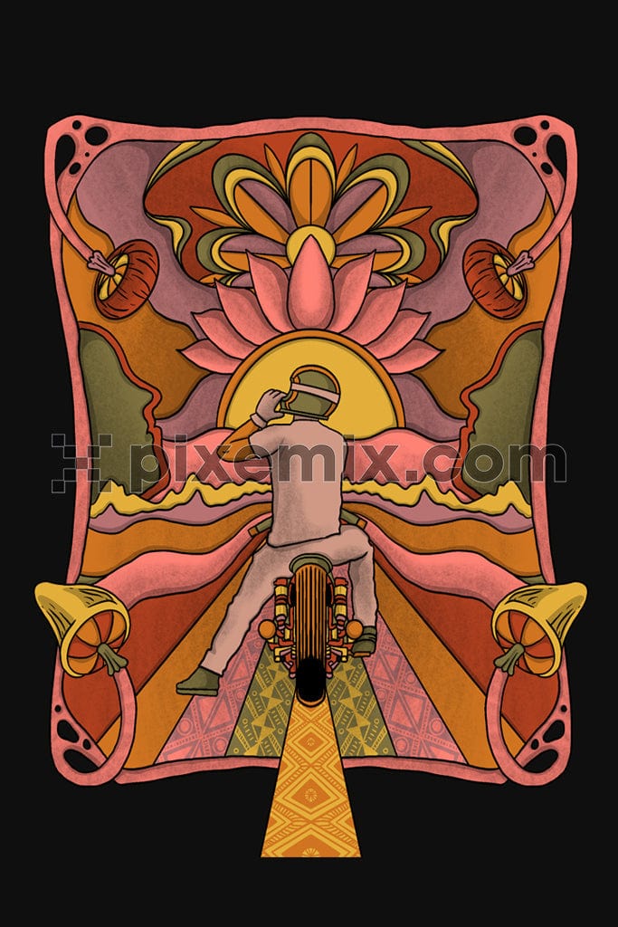 A man rides a motorcycle through a colorful, swirling tunnel with a large lotus flower product graphic.