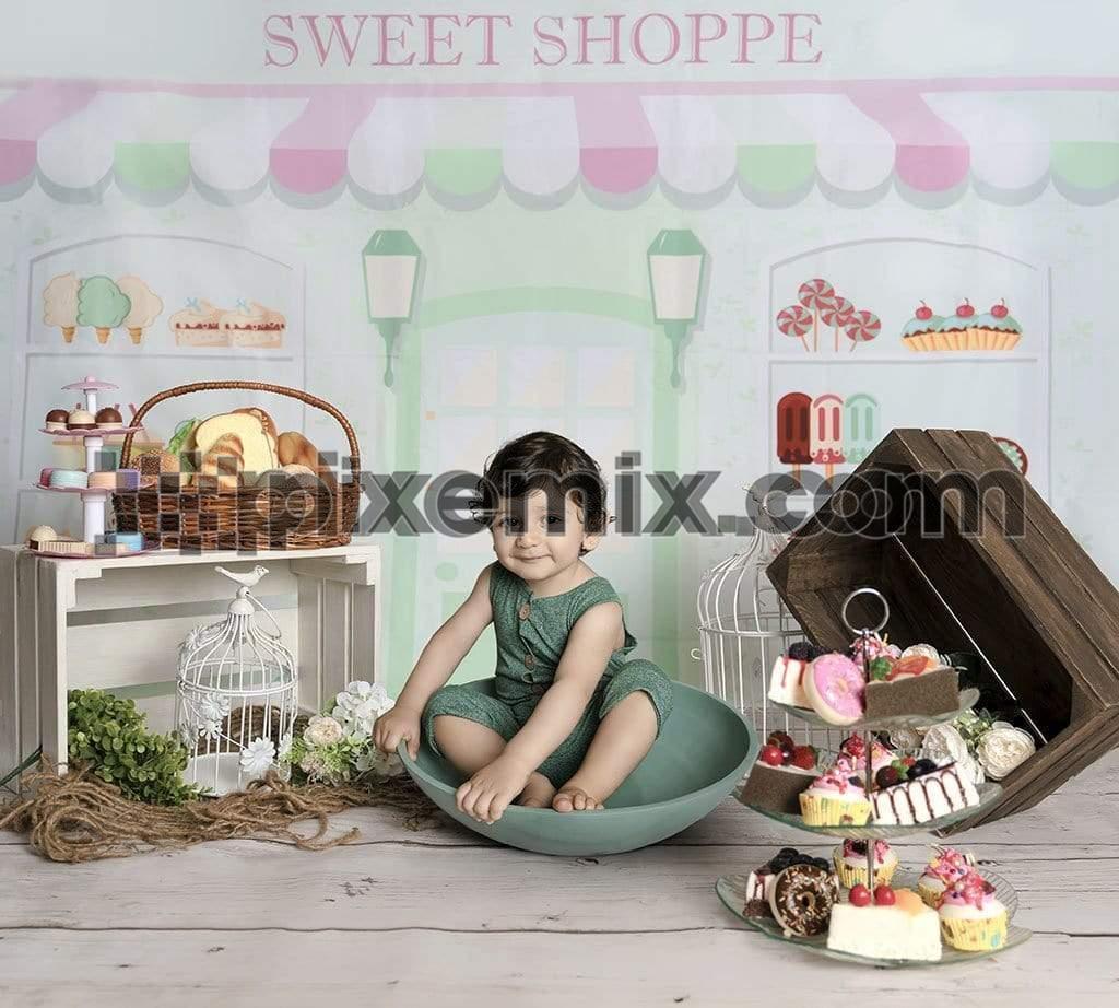 Cute little kid on dessert shop image