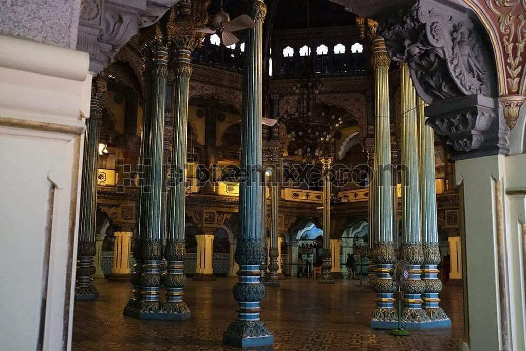 Close up image of details of pillars of mysore palace and golden shimmer interiors