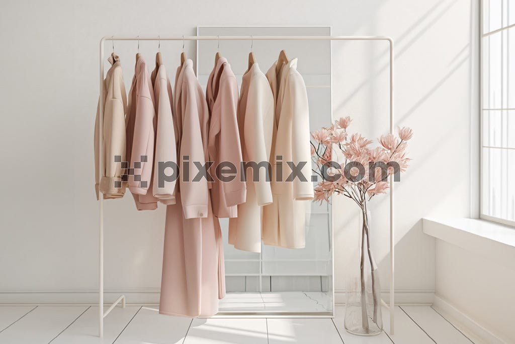 A clothes rack holding pink clothes stands beside a vase of flowers image..