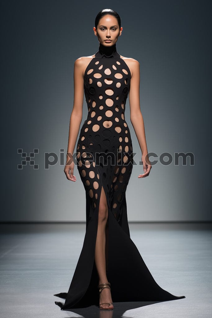 Woman fashion model doing a ramp walk in black dress with holes image.