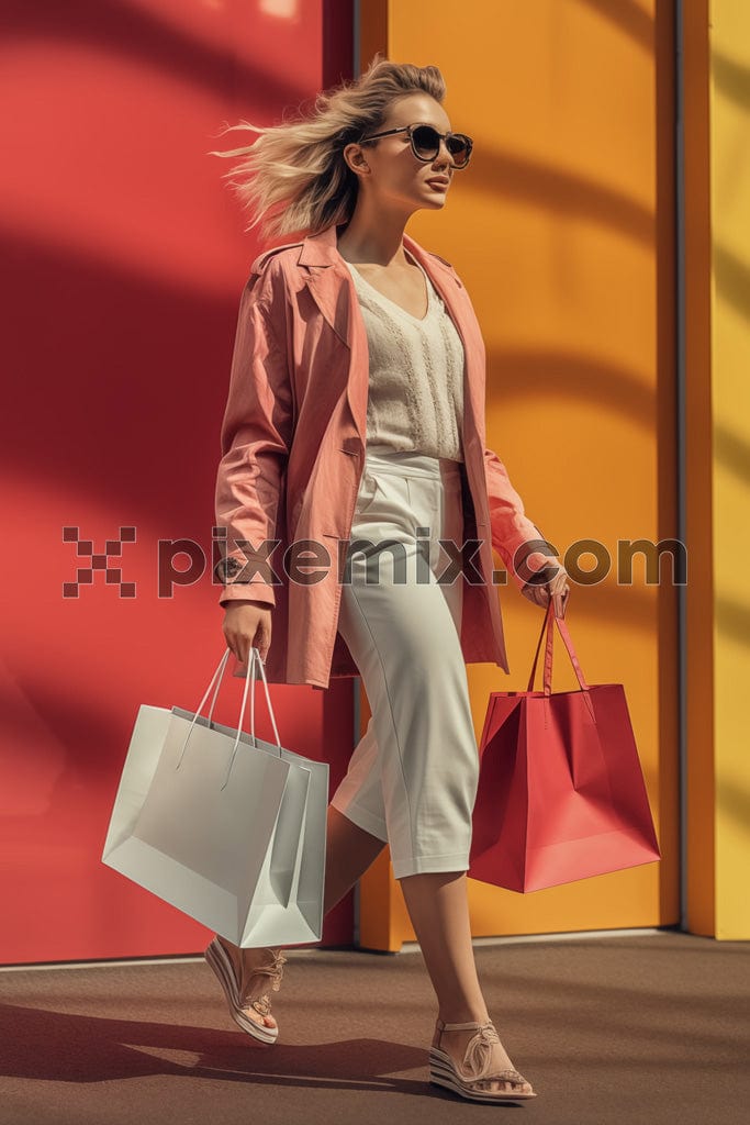 Blonde woman wearing a pink coat walking in style with shopping bags in front of a colorful background image.
