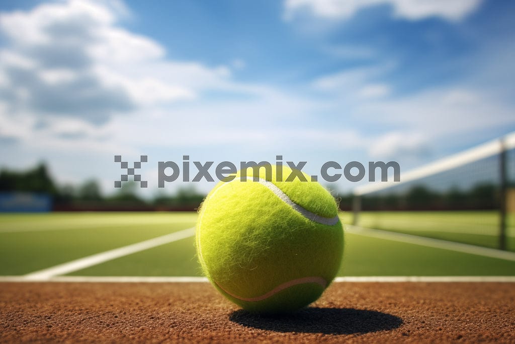 A close up of tennis ball rests on a bright sunny day at the outdoor court image.