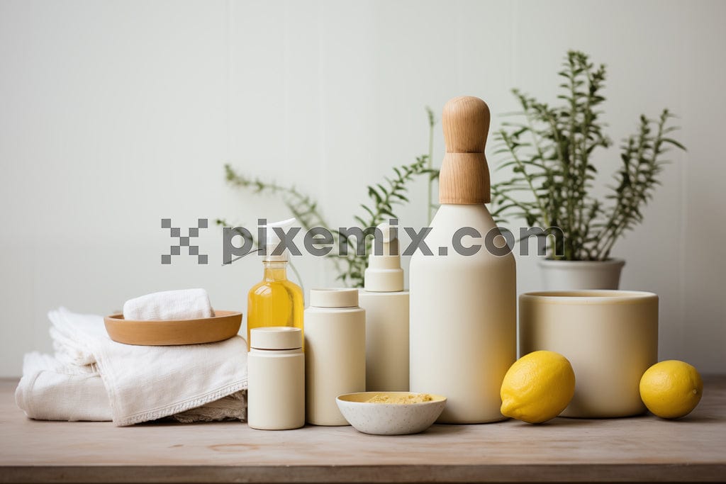 A rustic wooden table displays a colorful assortment of lemons, towels, and glass bottles image.