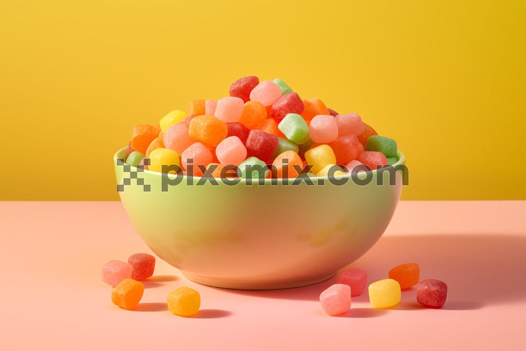 A bowl overflowing with colorful candy sits on a bright pink table image.