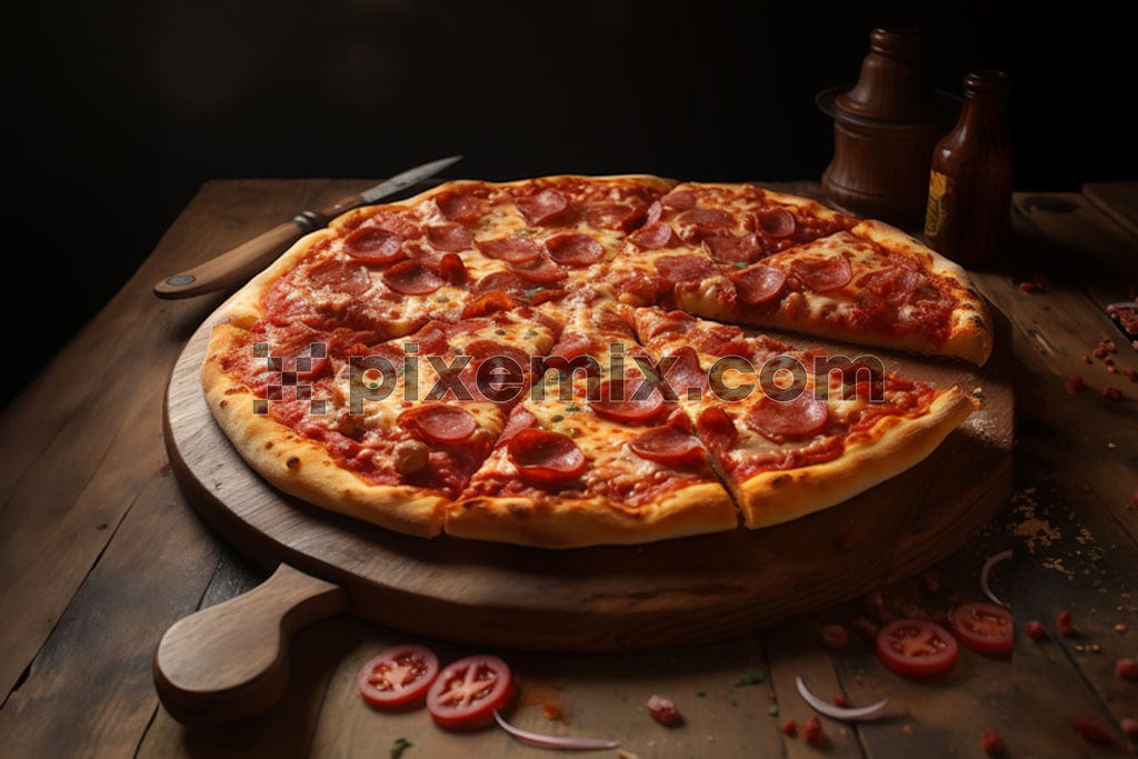 A classic pepperoni pizza rests on a weathered wooden cutting board image.