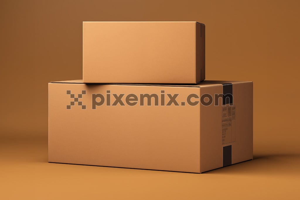 Two cardboard boxes stacked vertically against a brown background image.