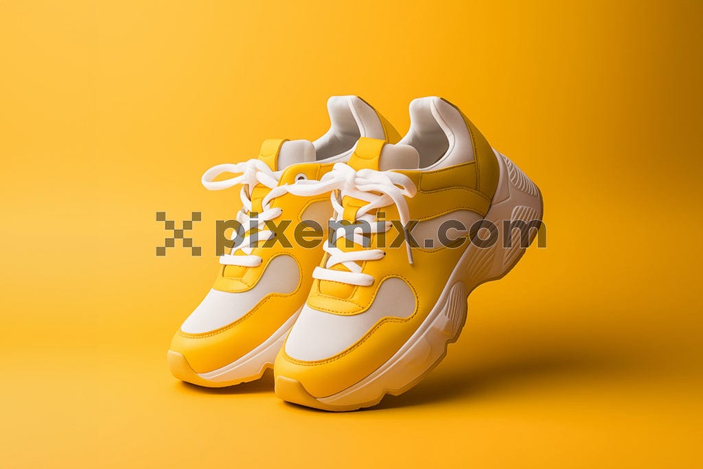 A pair of yellow and white sneakers rests against a sunny yellow backdrop Image.