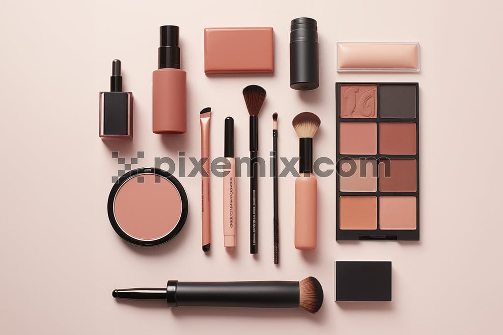 A collection of colorful makeup essentials splayed out on a marble table image.