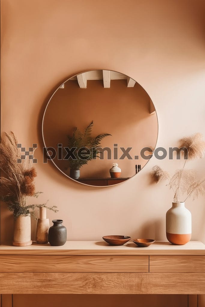 A round mirror hangs above a wooden console table with two decorative vases image.