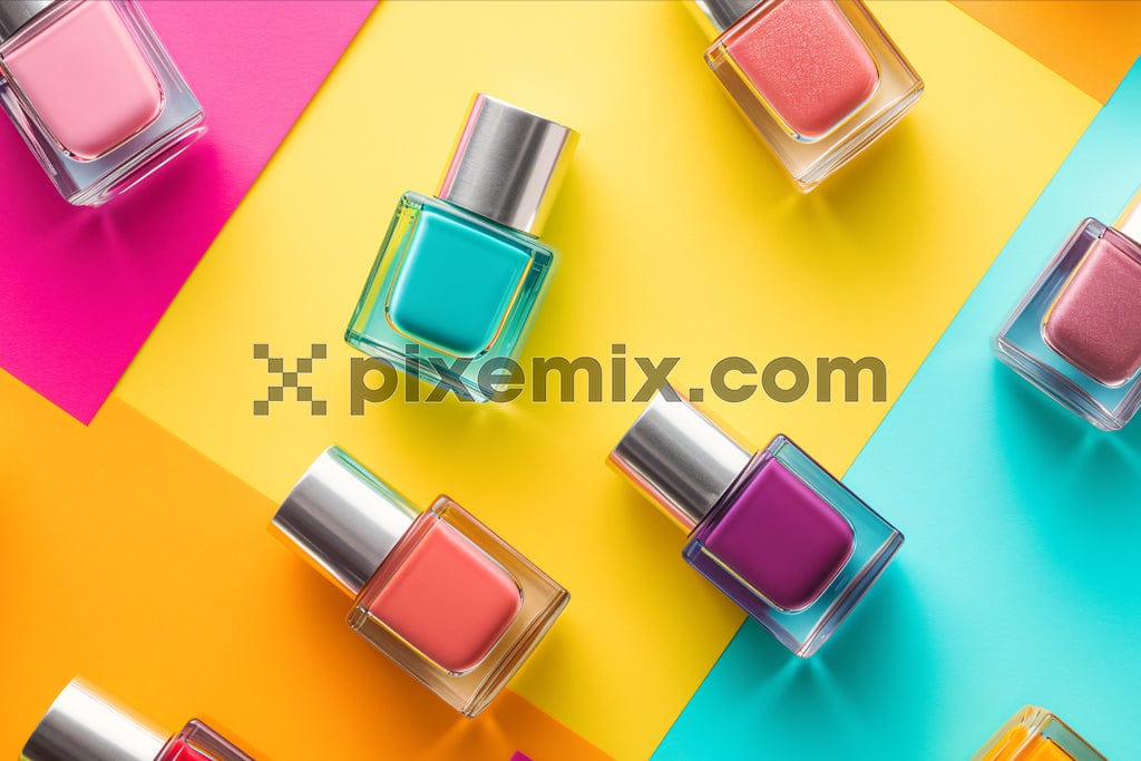Multicolor nail polish pops against a colorful backdrop image.