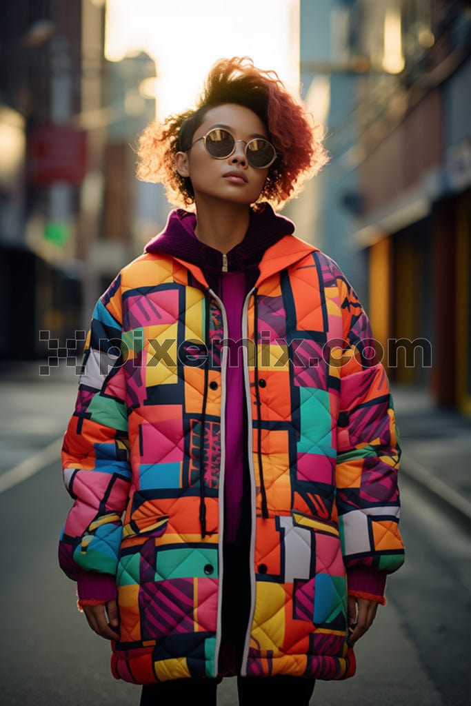 A woman with curly hair and sunglasses wearing a colorful puffer jacket image.