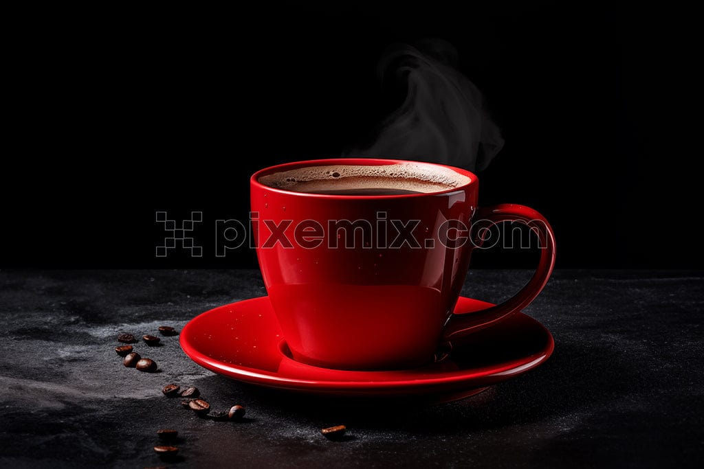 A steaming cup of coffee in a red mug sits on a saucer surrounded by scattered coffee beans on a dark background image.