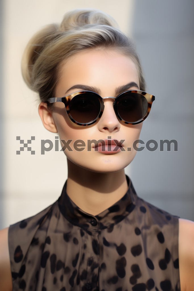 Closeup of a blonde woman with tied-up hair wearing sunglasses image.