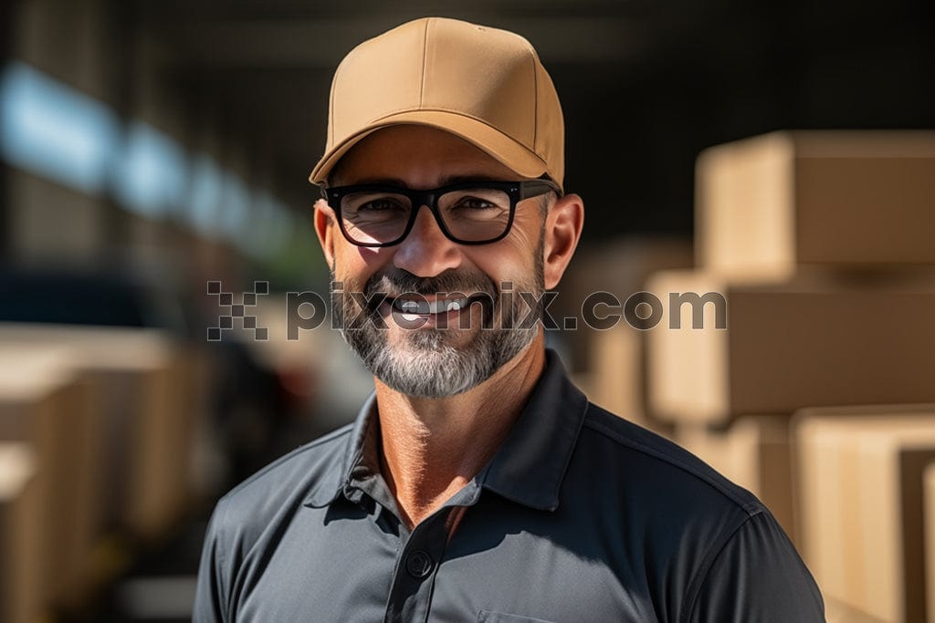 A man smiling with spceatacle and a brown cap on a sunny day image.