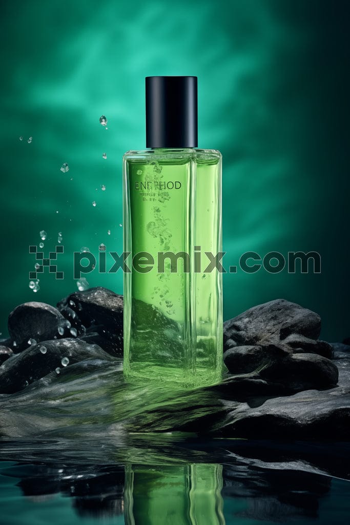 A luxurious perfume bottle rests on a pile of smooth, wet rocks by the water image.