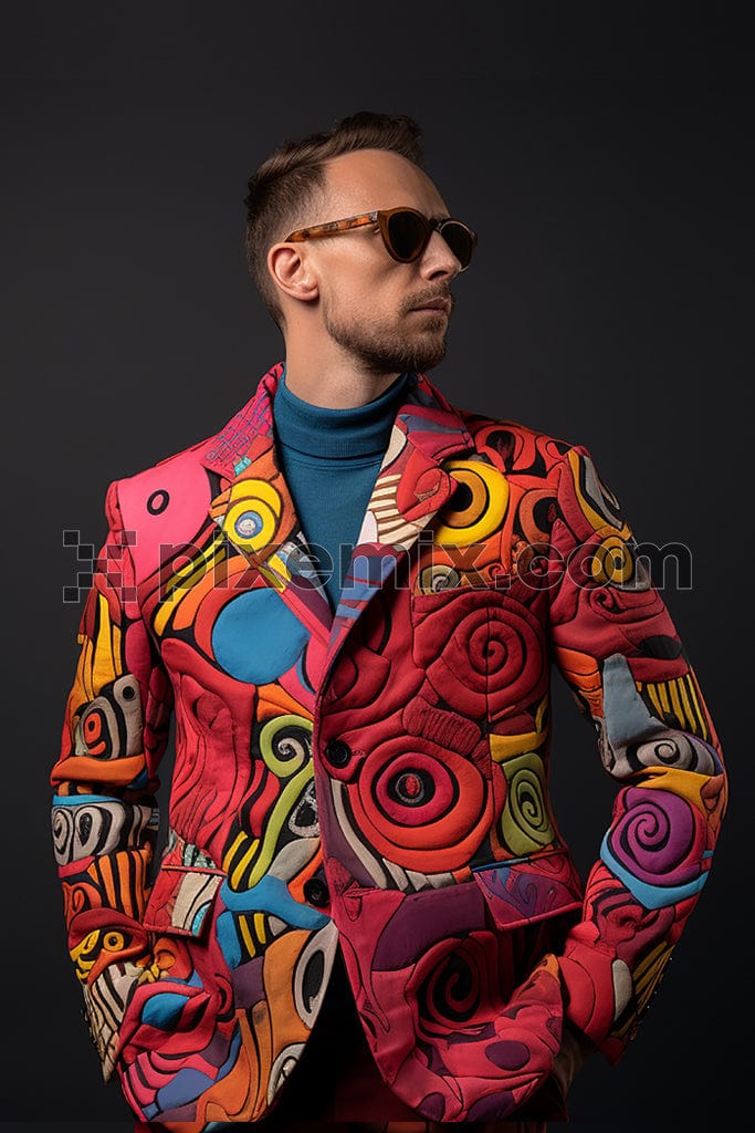 A man posing in a funky print and pattern blazer with brown sunglasses image.