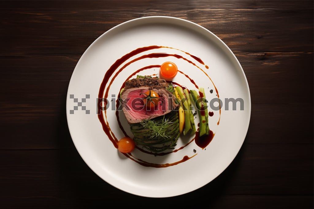 A juicy grilled steak sits on a white plate with roasted vegetables image.