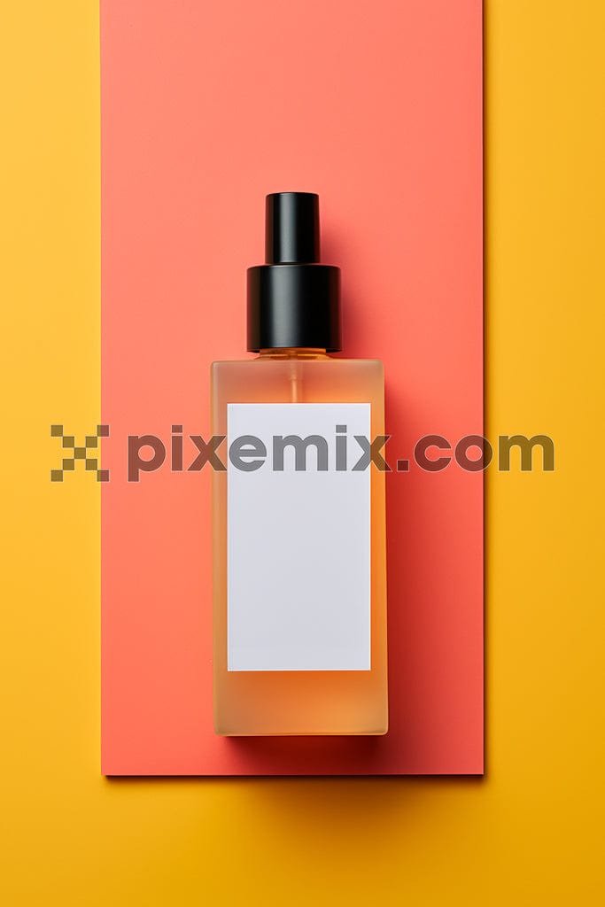 A sleek perfume bottle with a white label sits on a gradient pink and yellow background image.