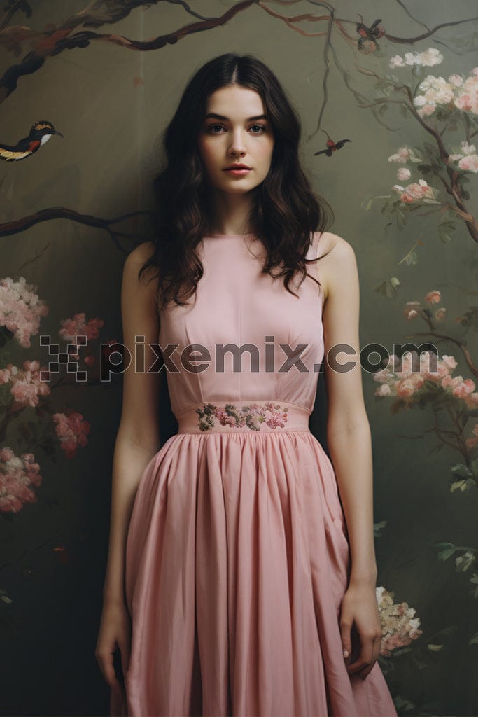 A girl with floral background in pink dress image.