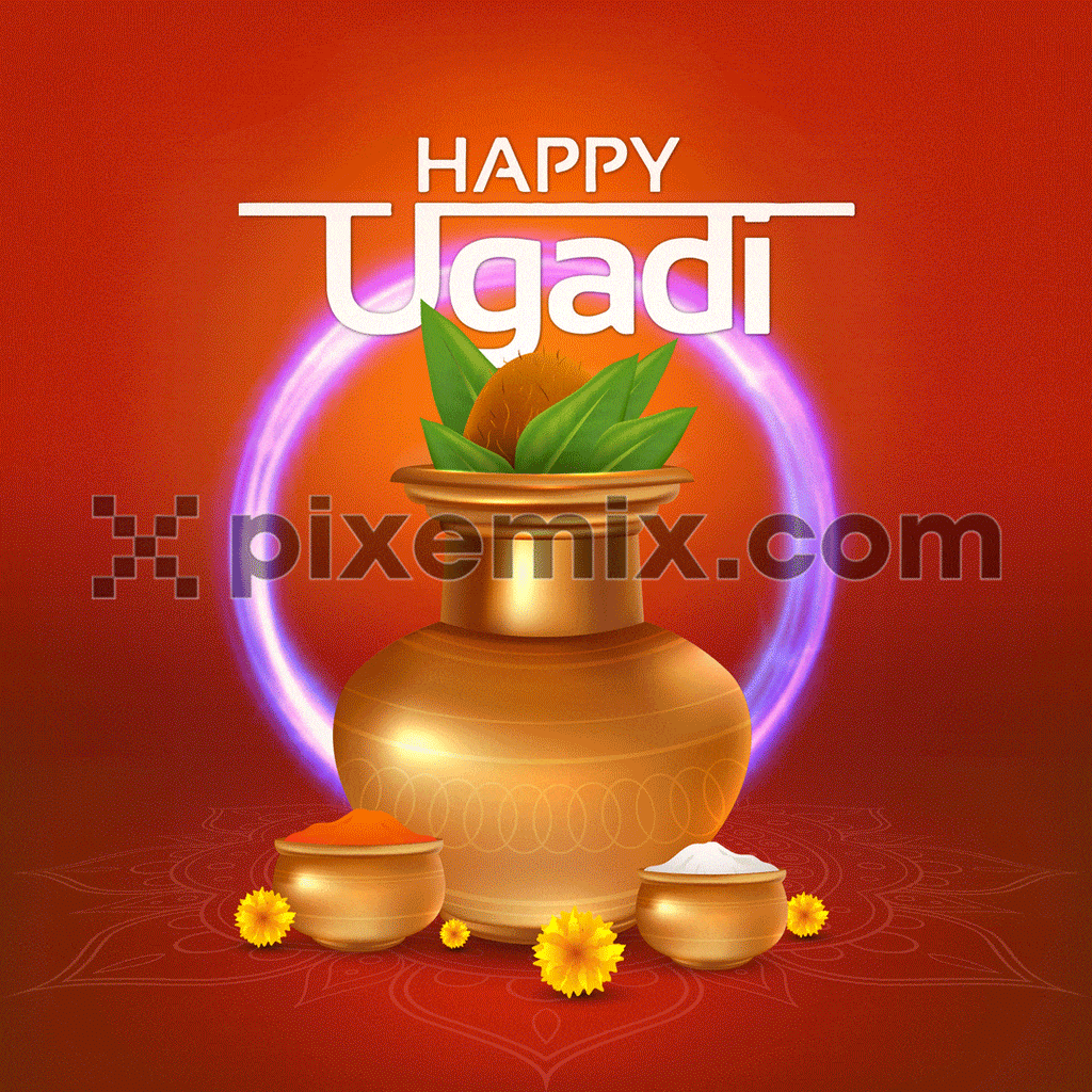Realistic golden kalash with typography and ugadi festive essentials social media GIF post