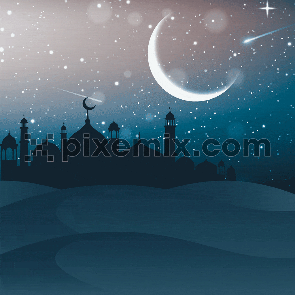 Moon with shooting star and a mosque silhouette on a night sky background, Eid Mubarak social media GIF post