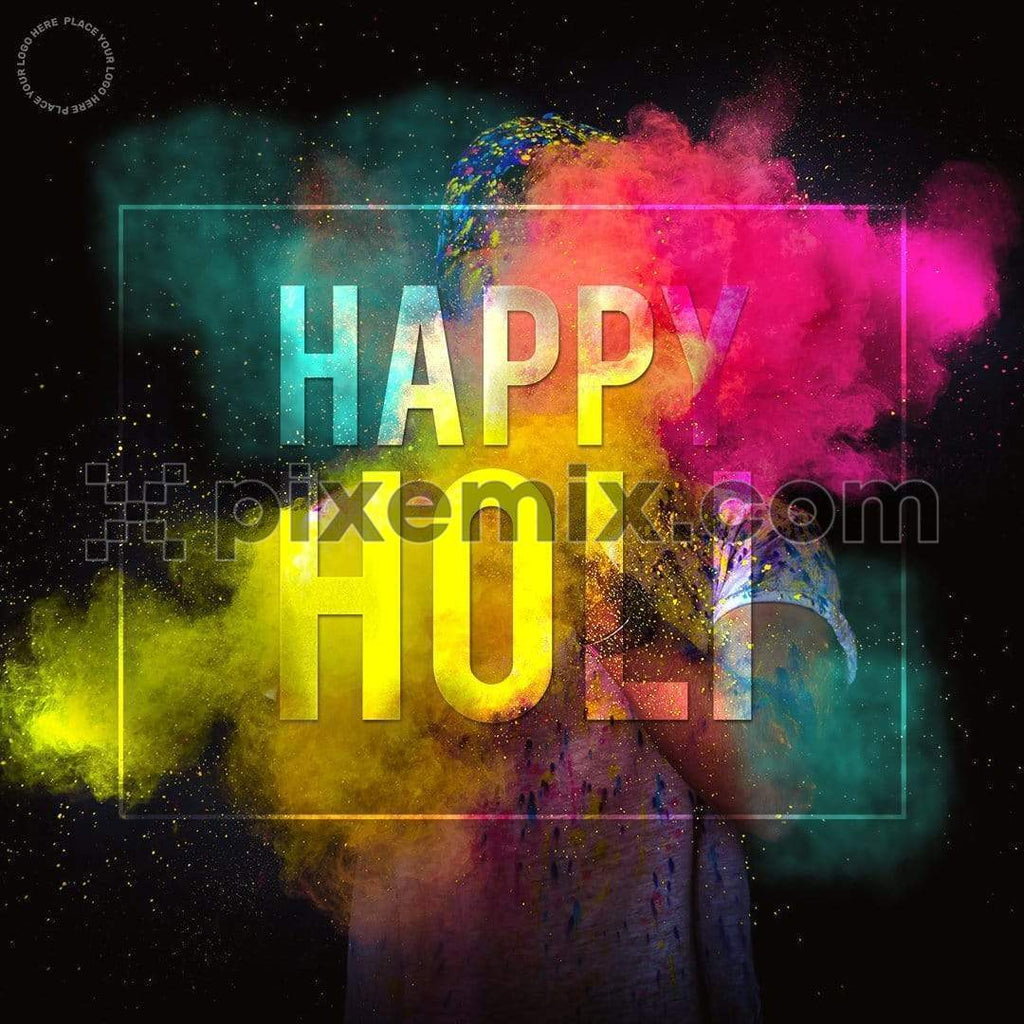 A young man with dry color powder holi exploding around him with typography social media static post