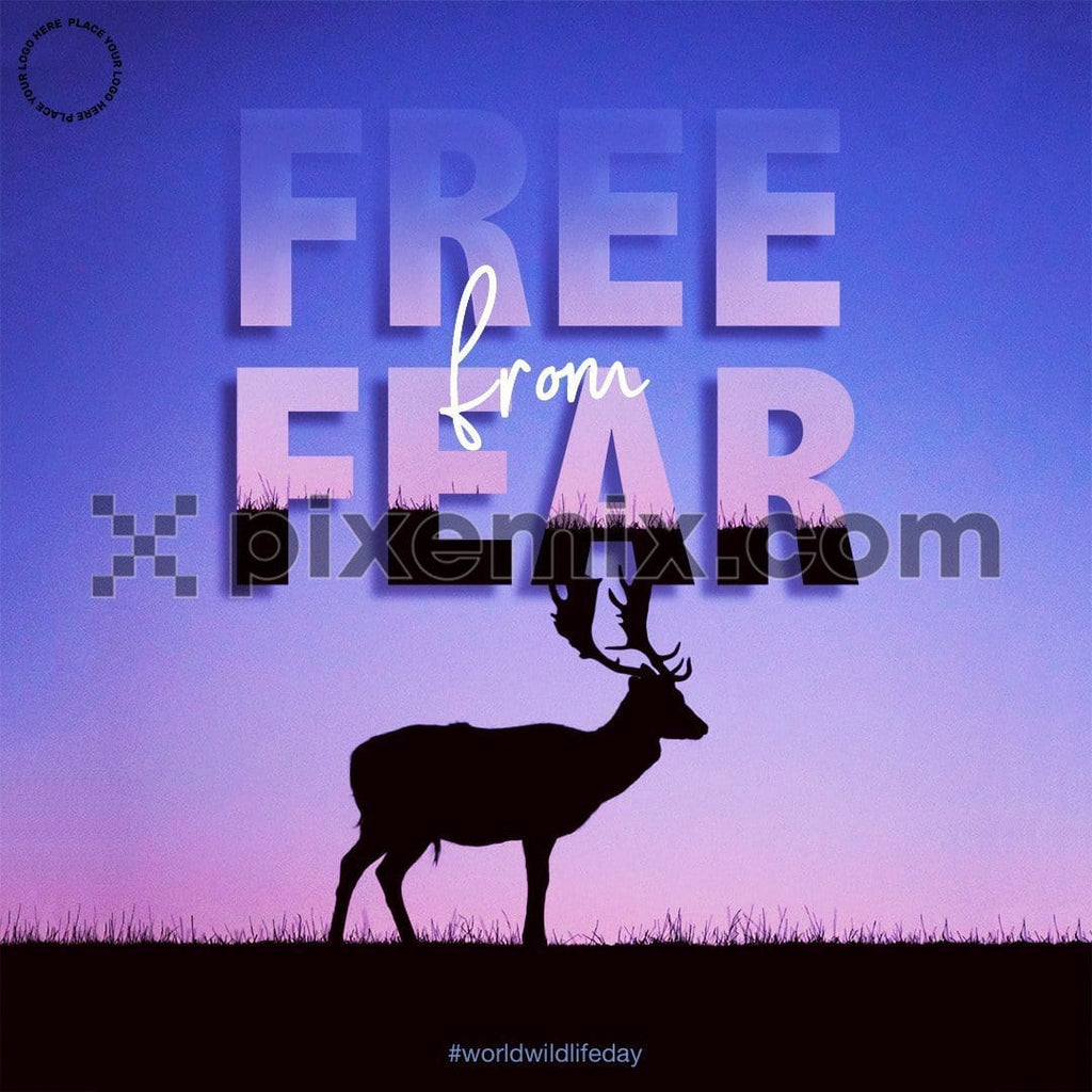 Landscape with a silhouette of wild deer and typo social media static post
