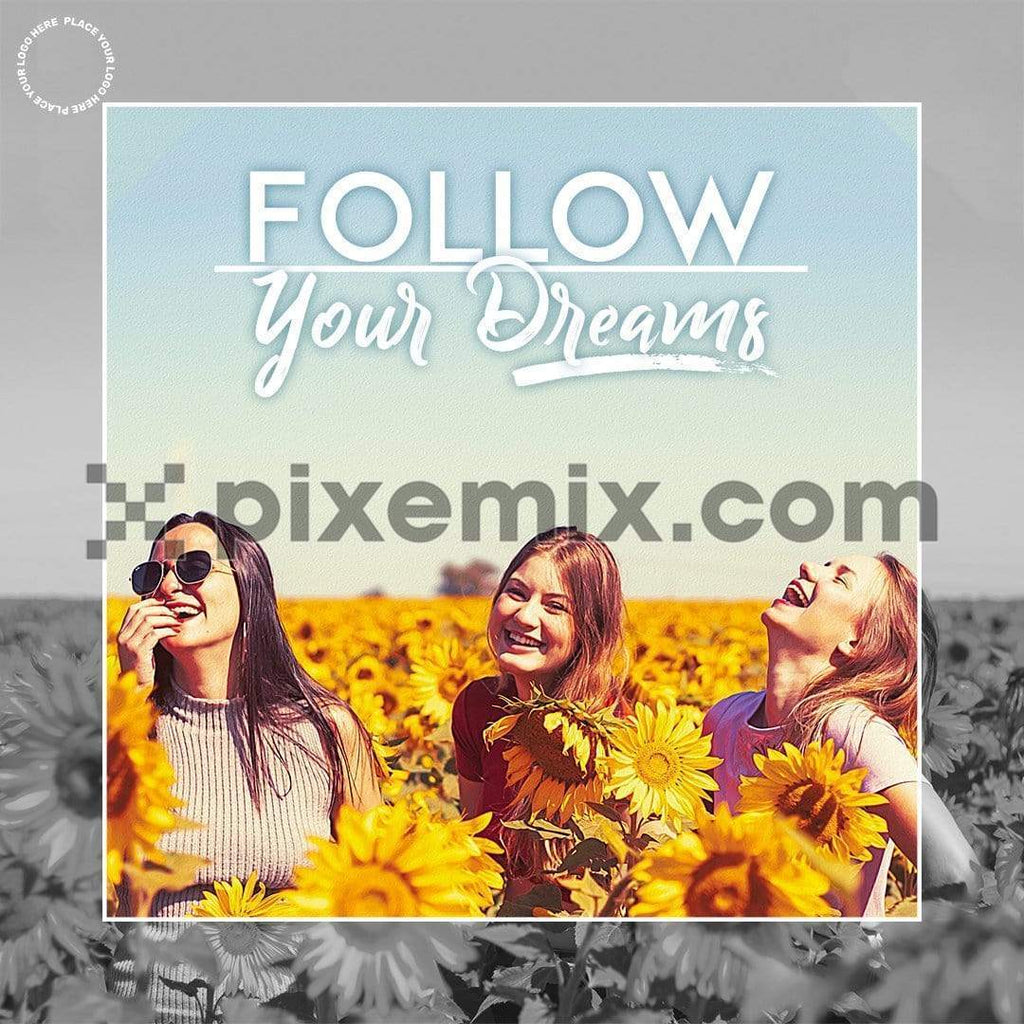 Three happy women standing and laughing in the bed of sunflowers social media static post