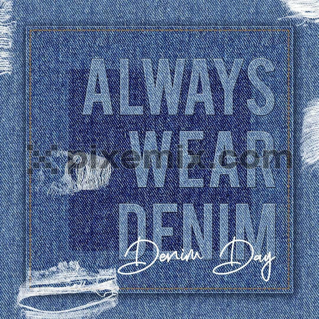 Embossed typo on blue denim fabric with torn social media static post