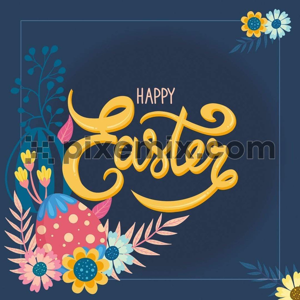 Happy Easter greeting with colorful flowers, eggs social media static post