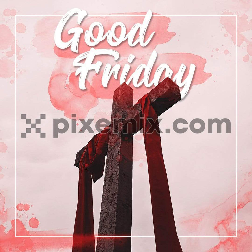Low angle shot of a handmade wooden cross with blood stains and typo social media static post