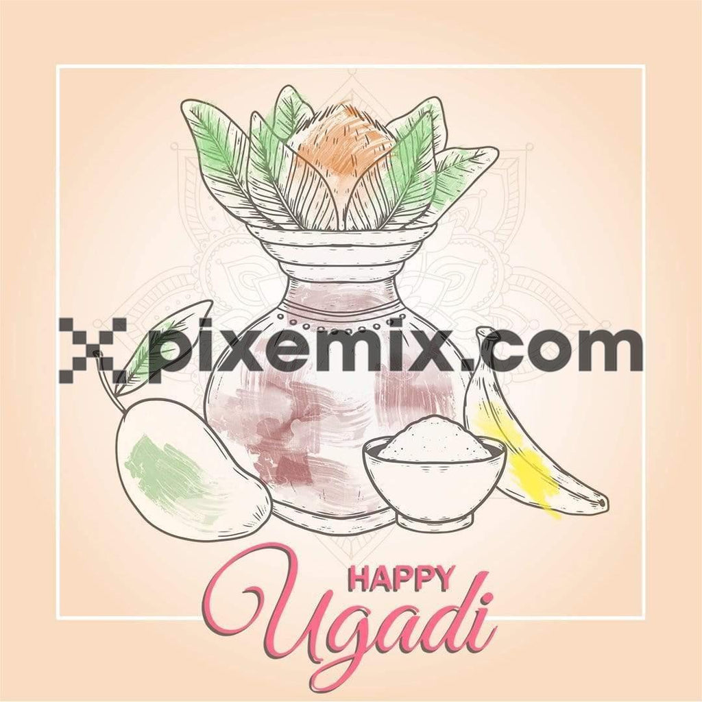 Ugadi wishes post with line art and brush strokes social media static post